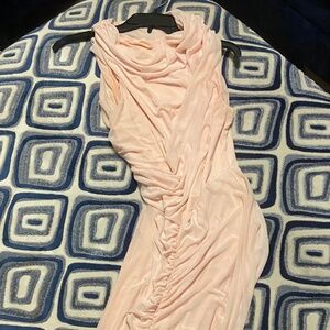 ASOS DESIGN mesh asymmetric neck off shoulder ruched midi dress in light pink